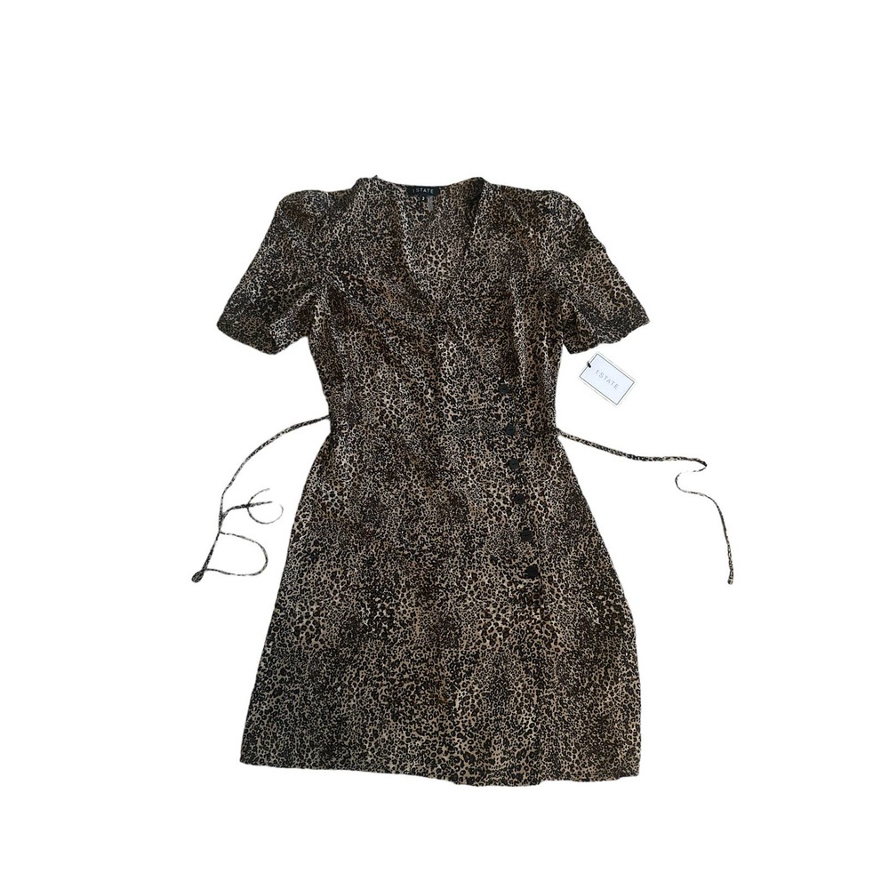 NWT Women 2 1.State Animal Print Caramel Brown Leopard Button-Wrap Mini Dress